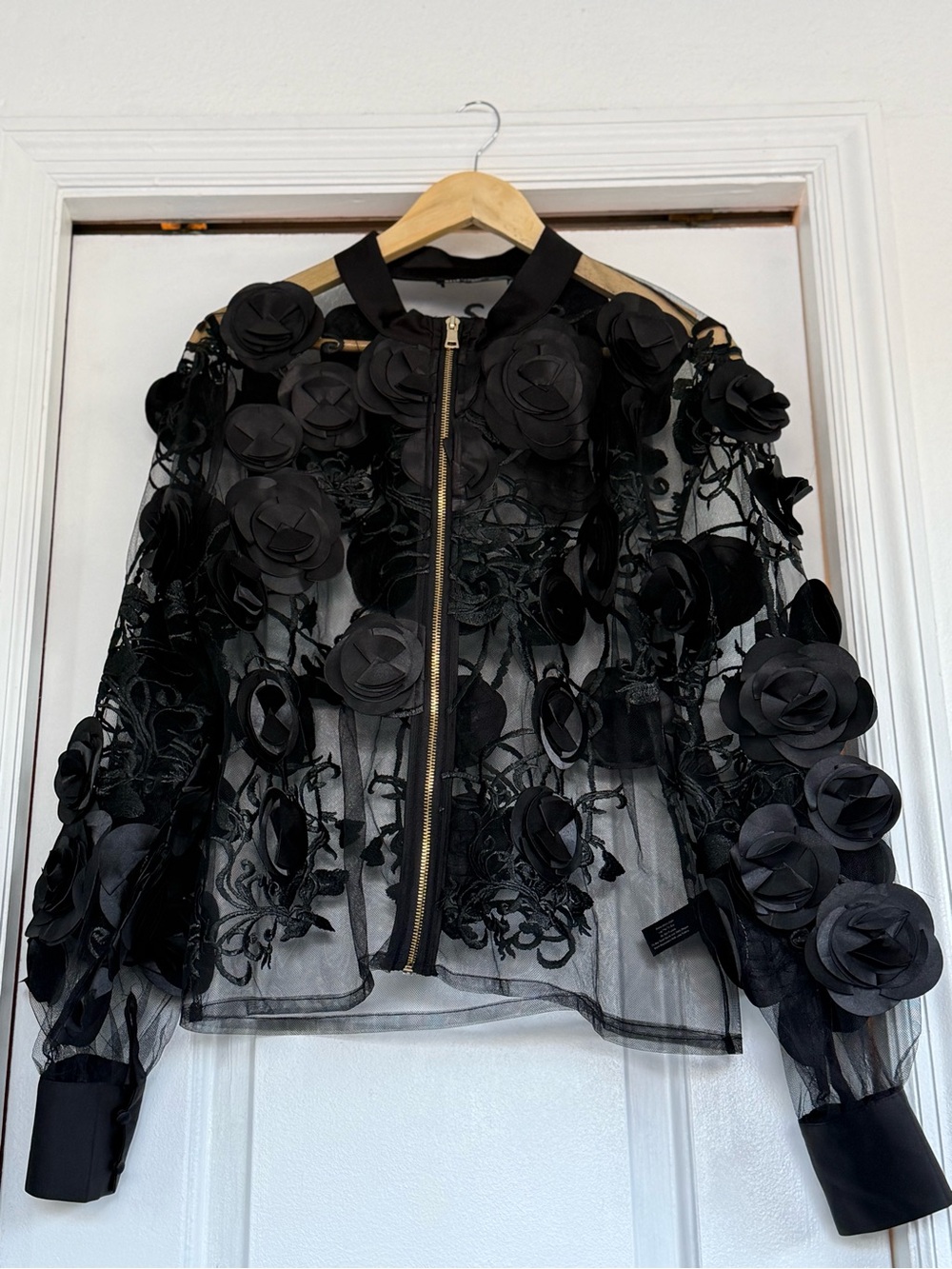 Boston Proper Black Sheer Floral Appliqué Bomber Jacket New - Picture 2 of 10